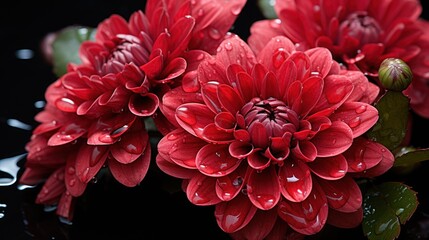 Red chrysanthemums on a black background with water drops. Mother's day concept with a space for a text. Valentine day concept with a copy space.