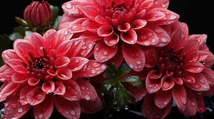 Beautiful red dahlia flowers with water drops on black background. Mother's day concept with a space for a text. Valentine day concept with a copy space.