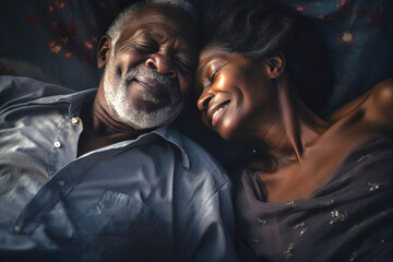 Love lives forever. Senior dark skinned couple at home. Handsome elderly man and attractive old woman are enjoying spending time together while lying in bed.