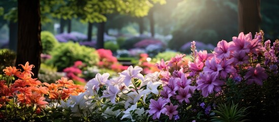 Fototapeta na wymiar In the beautiful garden the vibrant colors of blooming flowers against the lush green background created a picturesque scene that captured the true essence of summer nature and the stunning