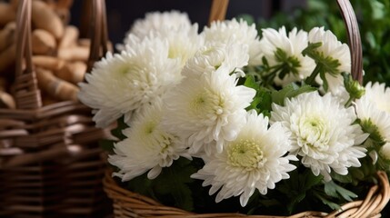 Beautiful white chrysanthemums in basket, closeup. Mother's day concept with a space for a text. Valentine day concept with a copy space.