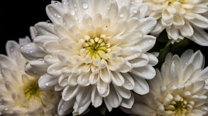 White chrysanthemum flower with water drops on black background. Mother's day concept with a space for a text. Valentine day concept with a copy space.