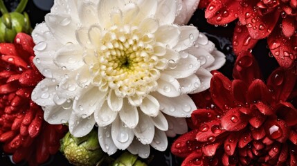 Beautiful chrysanthemum flowers with water drops, closeup. Mother's day concept with a space for a text. Valentine day concept with a copy space.