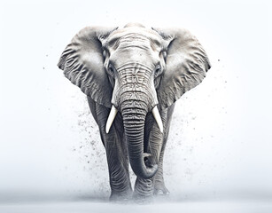 Photo of a wild elephant, big ears, beautiful ivory, walking on a white background. For art texture, presentation design or web design and web background. Generative ai