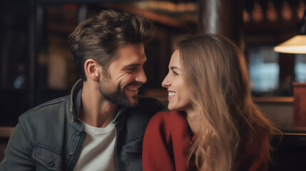 Naklejka premium Bright happy couple smiling, lover in a coffee shop. Generative AI.
