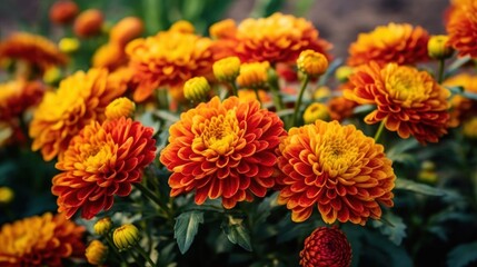 Beautiful orange chrysanthemum flowers in the garden. Mother's day concept with a space for a text. Valentine day concept with a copy space.