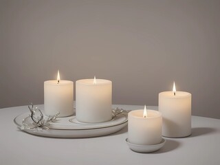Fototapeta na wymiar A white ceramic candle glows gracefully, its flame gently flickering in an inclined position.