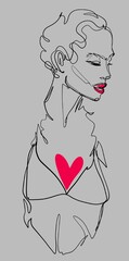 portrait of a linear illustration beautiful woman with a pink heart with pink lips on a gray background. High quality photo