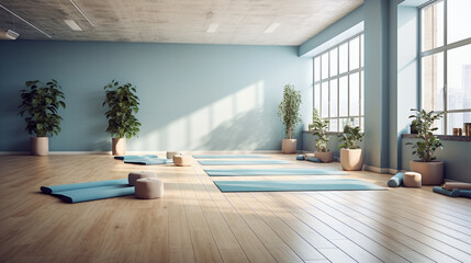 Interior of a yoga studio hall in blue colors. - obrazy, fototapety, plakaty