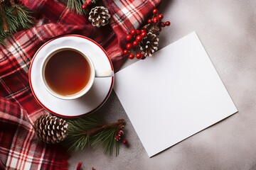 Obraz na płótnie Canvas winter still life. blank christmas greeting card and hot cocoa