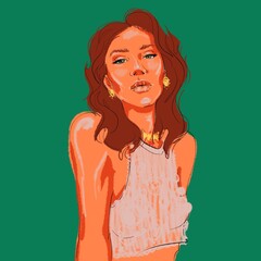 art illustration of a beautiful young woman in a crop top with orange skin color on a green background. High quality photo