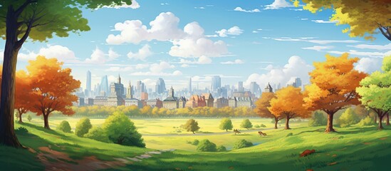 In the background of the bustling city a serene summer landscape unfolds with a lush forest vibrant...