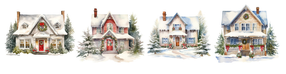 Christmas watercolor houses set. 