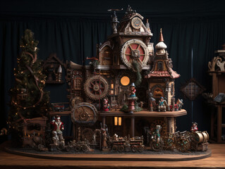 Steampunk-inspired Santa's workshop with gears, cogs, and retro-futuristic decorations