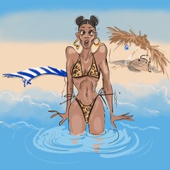 funny illustration of a young beautiful sexy girl in a bikini in the sea in the cold on the background of the beach. High quality 