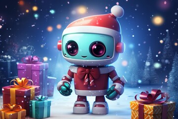 A small blue humanoid robot with Santa hat among many New Year's gifts. Blue blurred background with lights.