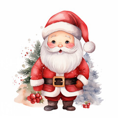 Watercolor Santa Claus in red suit, Christmas illustration, clipart on white background