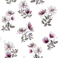 Spring Astrantia Major  translucent flowers and leaves  seamless watercolor pattern isolated on white Transparent flower romantic background Great Masterwort elegant botanical illustration