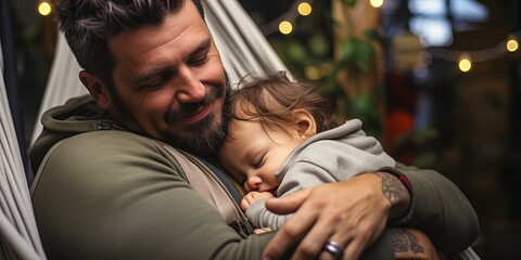 Father's Tender Moments: Rocking Baby Boy to Sleep at Home