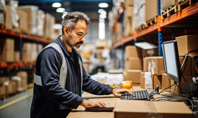 Efficient Male Warehouse Staff Checks Orders on Computer