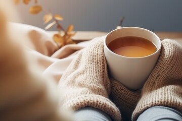 Fototapeta na wymiar Woman with cup of tea wearing warm socks in comfortable home