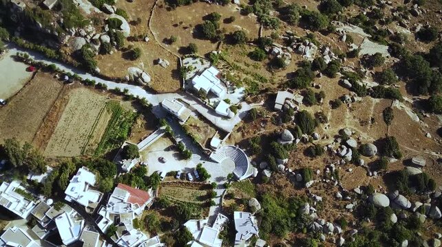 Top down drown footage over the Volax Theatre in Volax village in Tinos Island, Greece