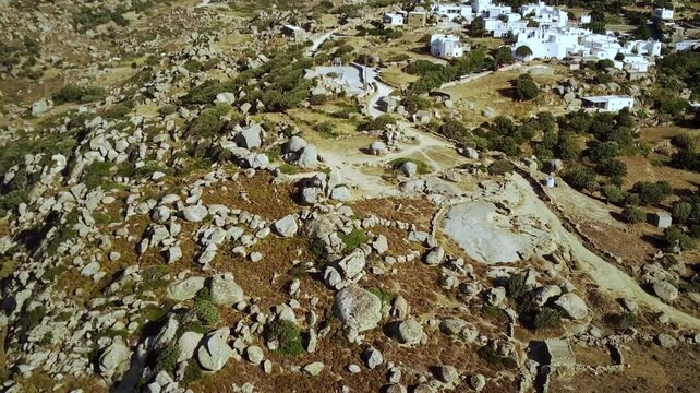 Ascending drone footage of Volax mountain village on the Volax Plateau in Tinos island, Greece
