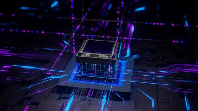 Illuminated Microprocessor: A Visualization of Digital Pulses Propagating on a Futuristic Motherboard.