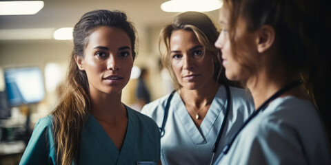 Healthcare Teamwork: Female Doctor and Nurse Discussing in Hospital Corridor