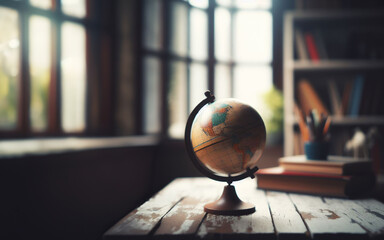 A replica of the globe sits on a table in the library with many books on the back - obrazy, fototapety, plakaty