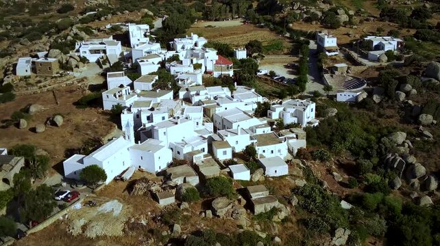 Drone footage of Volax mountain village on a sunny day in Tinos island, Greece