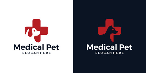 Medical pet logo design template. Dog logo with medical cross design graphic vector illustration. Symbol, icon, creative.