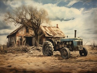 
Vintage scene with a tractor standing in front of an old derelict farmhouse, abandoned, with blue and sepia shades, gothic art. 