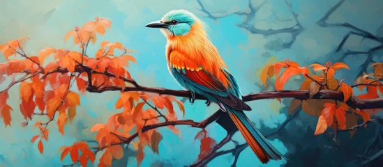 Zelfklevend Fotobehang In the lush green forest a vibrant orange tree stood tall its branches swaying with the gentle breeze Against the backdrop of the blue sky a colorful bird with striking red feathers perched  © TheWaterMeloonProjec