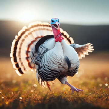 photo of a turkey running with sunny face. ai generative
