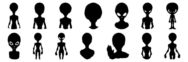 Alien silhouettes set, large pack of vector silhouette design, isolated white background