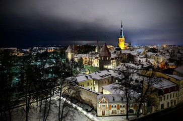 Aerial view of the old city of Tallinn in Estonia during winter