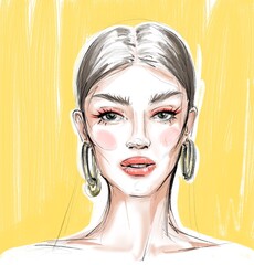 Art illustration graphic portrait of a beautiful young woman in jewellery on a yellow background. High quality photo