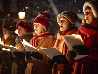 Group of carolers singing together in a snowy neighborhood