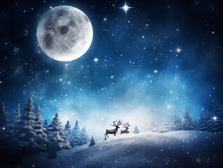 Magical starry night sky with Santa's sleigh and reindeer flying across the moon