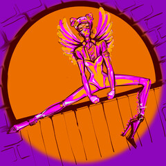 artistic illustration graphic of a futuristic fashionable bold slim girl in a helmet and suit with wings on heels in bright fuchsia orange colors on the background. High quality photo