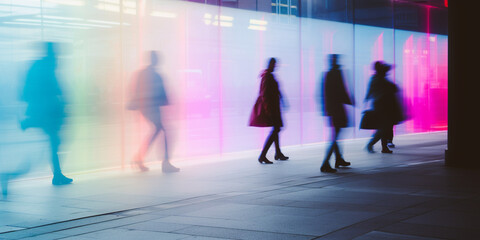 Crowd of anonymous people walking on busy city street in neon colour. Defocused. Blurred. Generative AI.