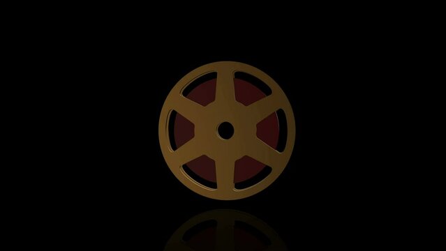 Golden Film Tape Reel turns on itself - loop animation - black background