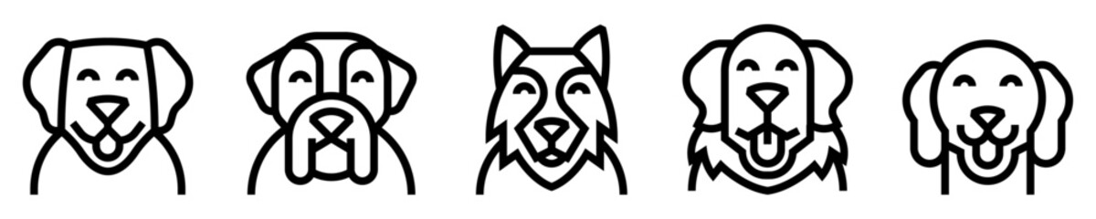 Conjunto de iconos de razas de perros. Animales domésticos, mascota. Labrador, bulldog, pastor alemán, golden retrievel, dachshund. Ilustración vectorial