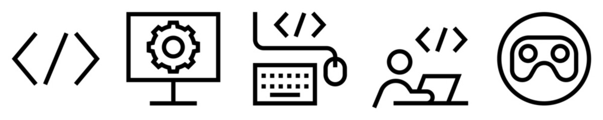 Conjunto de iconos de desarrollo de software. Informática y computación. Código de programación, monitor, herramientas de desarrollo, desarrollador profesional, aplicación. Ilustración vectorial