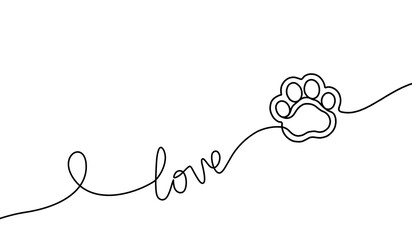Paw continuous line drawing. One single hands drawn contour lines dog or cat. Design prints. Mark footprint oneline. Black lineart sketch outline isolated on white background. Vector illustration - obrazy, fototapety, plakaty