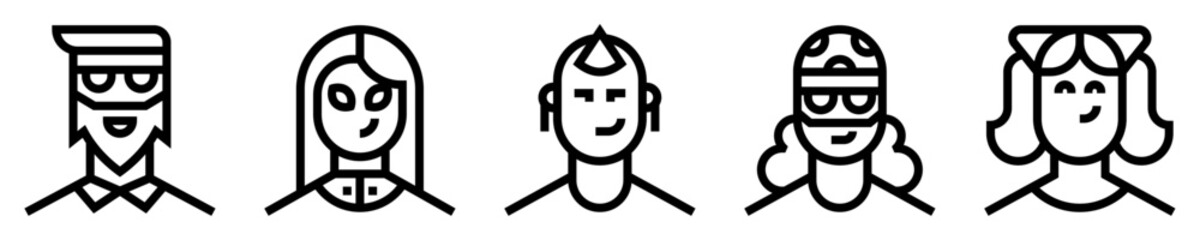 Conjunto de iconos de tribus urbanas. Identidad. Hisper, gótico, punk, rockero, otaku. Ilustración vectorial