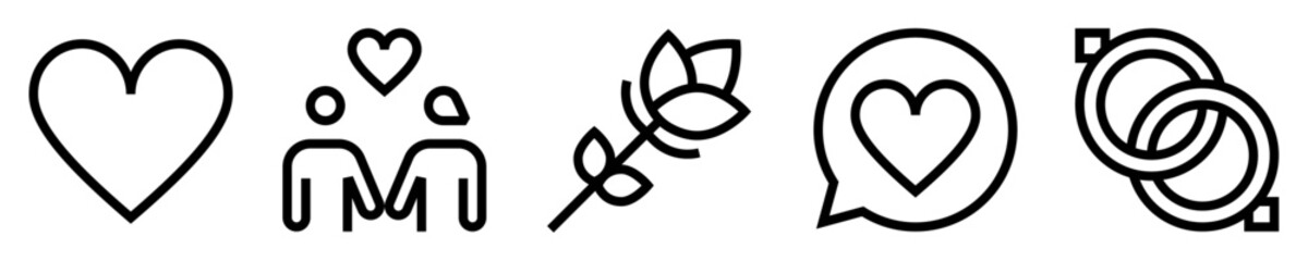 Conjunto de iconos de amor. Romance y San Valentín. Corazón, pareja, rosa, mensaje romántico, anillos de boda. Ilustración vectorial