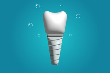 Poster template design, 3D dental implant, with paste bubbles around. Bright gradient background. Oral care