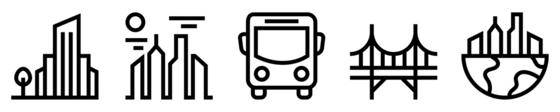 Conjunto de iconos de ciudad. Infraestructura. Rascacielos, paisaje, autob&uacute;s, puente urbano, edificios sobre planeta. Ilustraci&oacute;n vectorial